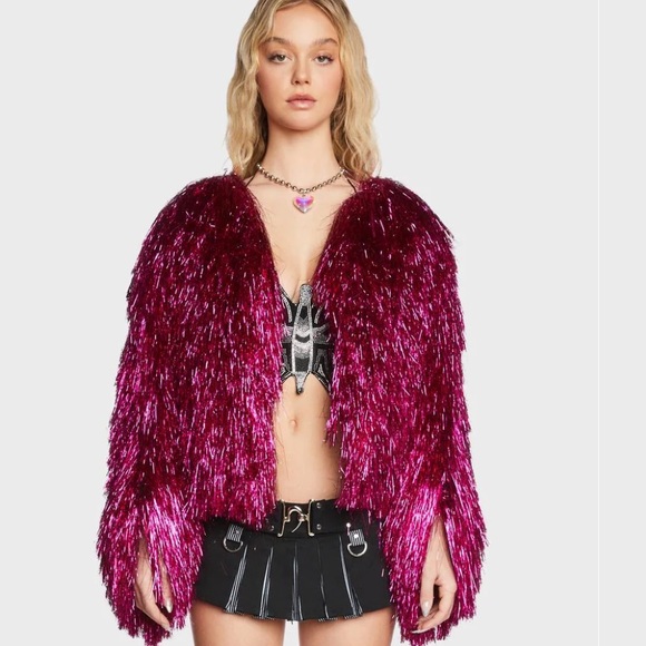 Dolls Kill Jackets & Coats Pink Tinsel Jacket Metallic Fringe Eras